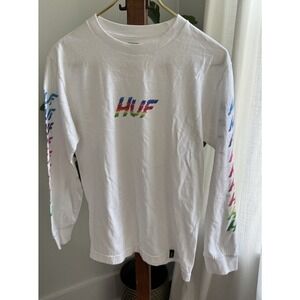 euc HUF Spell Out Rainbow Lightning Logo T-Shirt Long Sleeve print sz Small